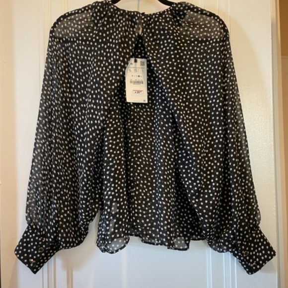 Zara Black And White Polka Dot Long Sleeve Blouse Size L - Picture 5 of 5